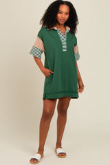 Forest Green Striped Color Block Collared Terry Maternity Dress