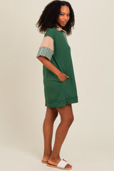 Forest Green Striped Color Block Collared Terry Dress