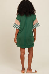 Forest Green Striped Color Block Collared Terry Dress