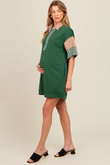 Forest Green Striped Color Block Collared Terry Maternity Dress