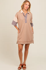 Mocha Striped Color Block Collared Terry Maternity Dress