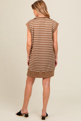 Olive Brown Striped Knit Cap Sleeve Maternity Mini Dress