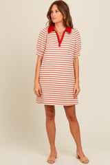 Cream Striped Collared Puff Sleeve Dress