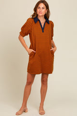 Camel Striped Collared Puff Sleeve Maternity Dress