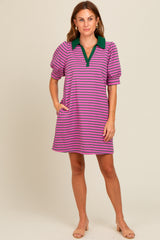 Violet Striped Collared Puff Sleeve Dress