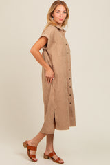 Beige Corduroy Button Down Midi Dress