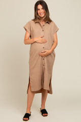 Beige Corduroy Button Down Maternity Midi Dress