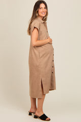 Beige Corduroy Button Down Maternity Midi Dress