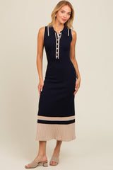 Navy Knit Button Front Contrast Border Maternity Midi Dress