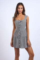 Black Gingham Print Wide Strap Front Button Mini Dress