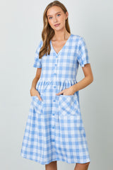 Blue Multi Gingham Button Front Dress