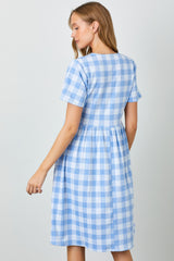 Blue Multi Gingham Button Front Dress