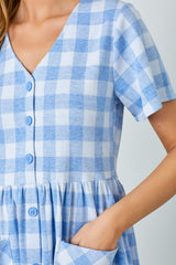 Blue Multi Gingham Button Front Dress