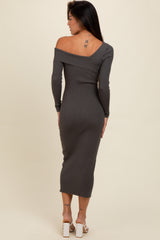 Charcoal Foldover One Shoulder Maxi Sweater Dress