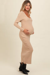 Beige Foldover One Shoulder Maternity Maxi Sweater Dress