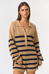 Beige Striped Button Up Collared Maternity Sweater Romper