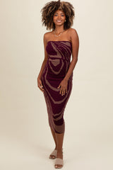 Purple Printed Strapless Cutout Fitted Maxi Dress