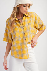 Sunflower Mineral Washed Button Down Plaid Top