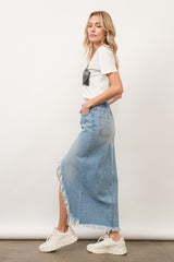 Light Wash Mid Rise Frayed Edge Denim Skirt