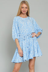 Sky Blue White Dolman Sleeve Braid Belted Ruffle Hem Mini Dress