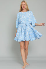 Sky Blue White Dolman Sleeve Braid Belted Ruffle Hem Mini Dress