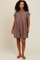 Mocha Plaid Rolled Cuff Sleeve Button Down Dress