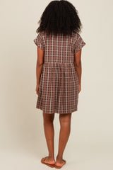 Mocha Plaid Rolled Cuff Sleeve Button Down Dress