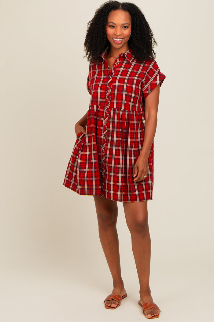 Red Plaid Rolled Cuff Sleeve Button Down Maternity Dress