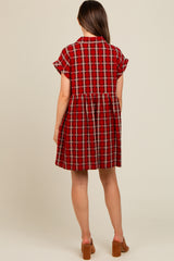 Red Plaid Rolled Cuff Sleeve Button Down Maternity Dress