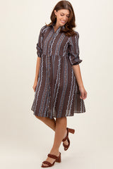 Brown Floral Striped Button Down Midi Dress