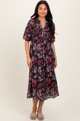 Brown Floral Smocked Button Down Maternity Midi Dress