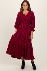 Burgundy Floral Smocked V-Neck Maxi Dress