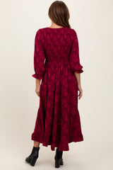 Burgundy Floral Smocked V-Neck Maxi Dress