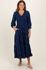 Navy Floral Smocked V-Neck Maxi Dress