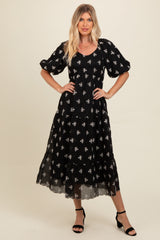 Black Floral Puff Sleeve Midi Dress