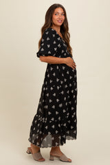 Black Floral Puff Sleeve Maternity Midi Dress