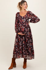 Brown Floral V-Neck Bubble Sleeve Maternity Maxi Dress