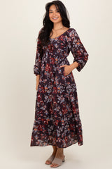 Brown Floral V-Neck Bubble Sleeve Maxi Dress