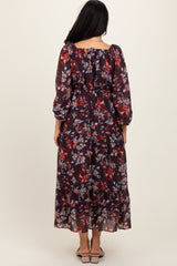 Brown Floral V-Neck Bubble Sleeve Maxi Dress