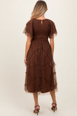 Mocha Smocked Ruffled Mesh Maternity Midi Dress