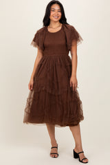 Mocha Smocked Ruffled Mesh Midi Dress