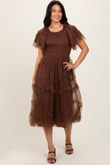 Mocha Smocked Ruffled Mesh Midi Dress