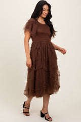 Mocha Smocked Ruffled Mesh Midi Dress