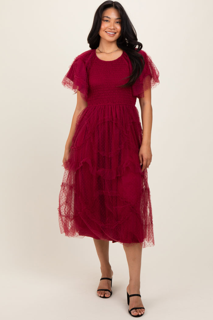 Burgundy Smocked Ruffled Mesh Maternity Midi Dress