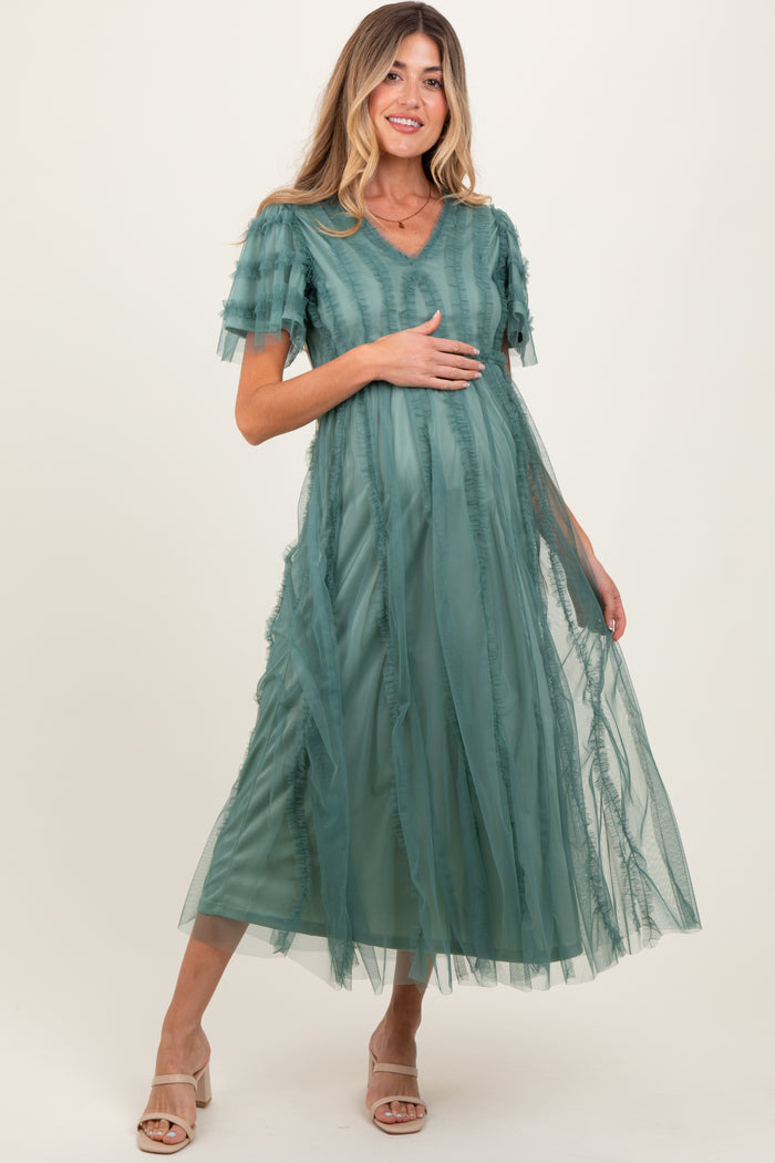 Teal Ruffle Accent Mesh Overlay Maternity Maxi Dress