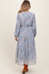 Light Blue Floral Lace Trim Maternity Maxi Dress