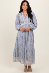 Light Blue Floral Lace Trim Maternity Maxi Dress