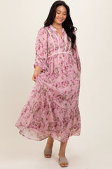 Pink Floral Lace Trim Maternity Maxi Dress