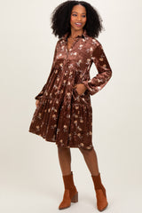 Brown Floral Velvet Button Down Maternity Midi Dress