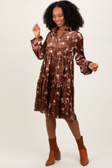 Brown Floral Velvet Button Down Midi Dress